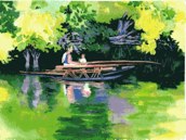 Mangrove woman and child in canoe