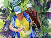 Lesley & Peter buying old shell necklace